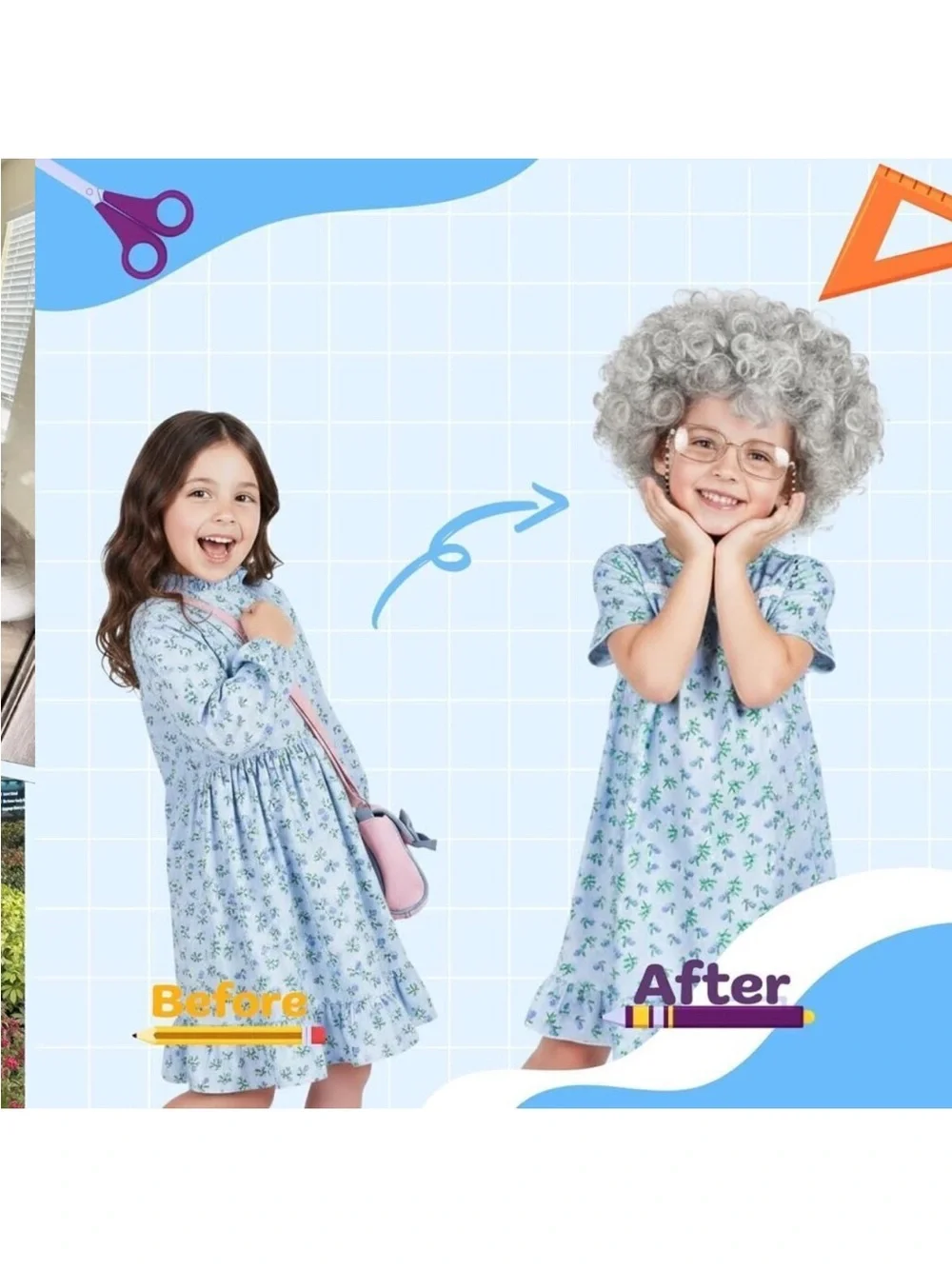 Old Lady Wig Costume Set for Women Gray Hair Granny Cosplay Halloween Party